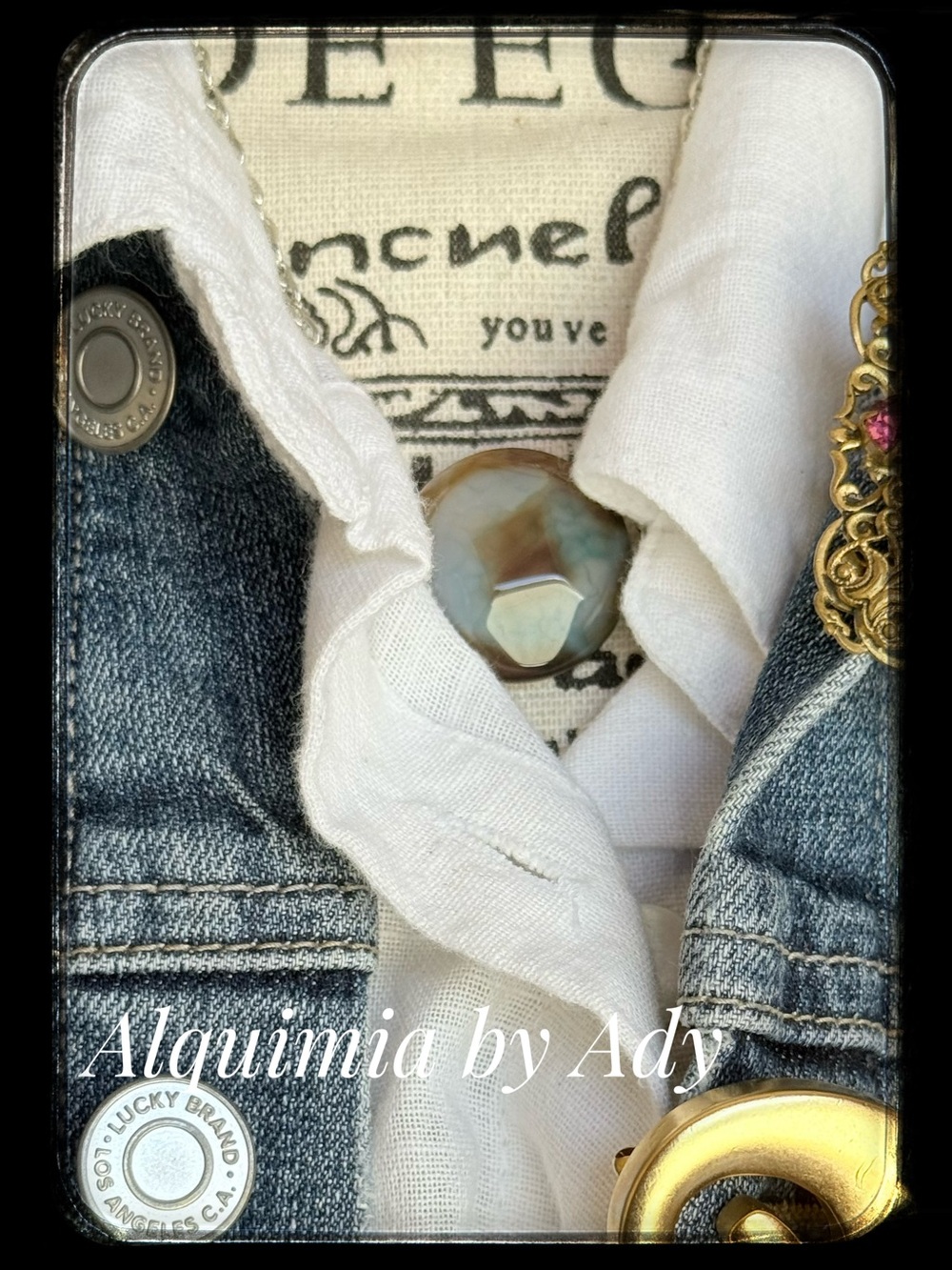 Blue Cream agate and Gold Statement silver Necklace